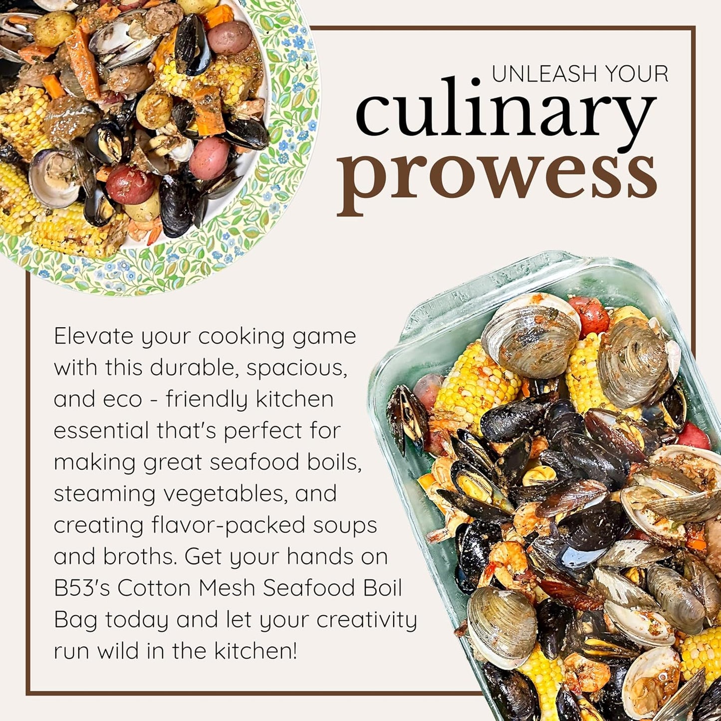 24" Seafood Boil Bags - Washable Reusable Produce Bags for Steaming and Boiling Clams, Lobster, Crawfish, Crabs, King Crab Legs, Potatoes, Vegetables