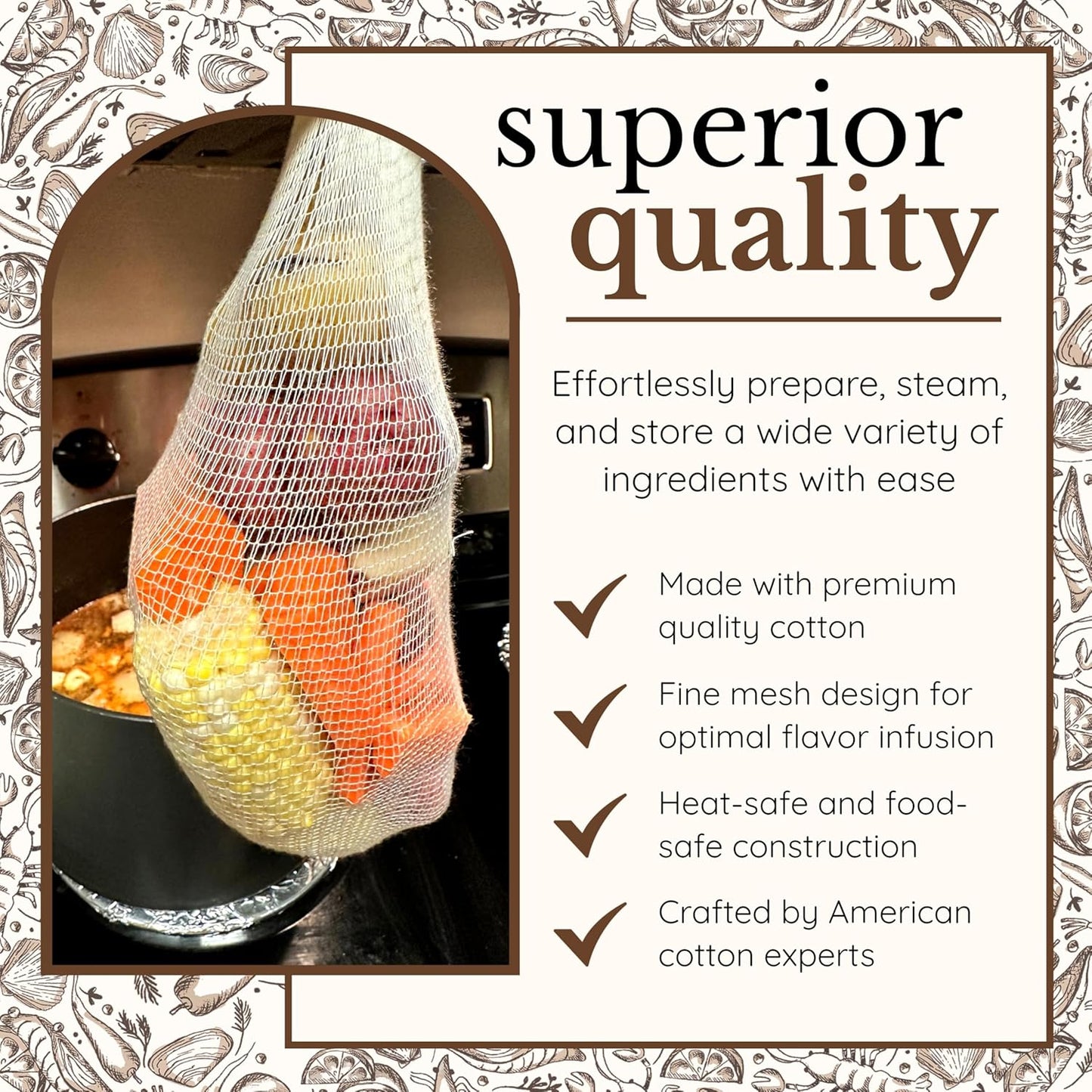 24" Seafood Boil Bags - Washable Reusable Produce Bags for Steaming and Boiling Clams, Lobster, Crawfish, Crabs, King Crab Legs, Potatoes, Vegetables