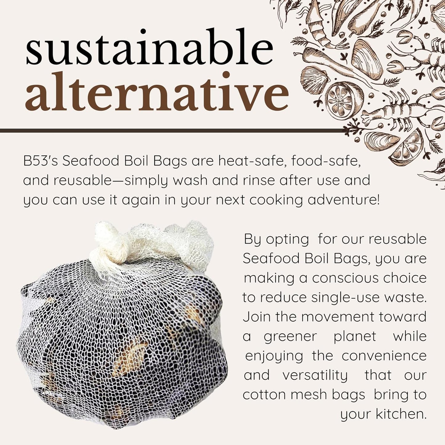 24" Seafood Boil Bags - Washable Reusable Produce Bags for Steaming and Boiling Clams, Lobster, Crawfish, Crabs, King Crab Legs, Potatoes, Vegetables
